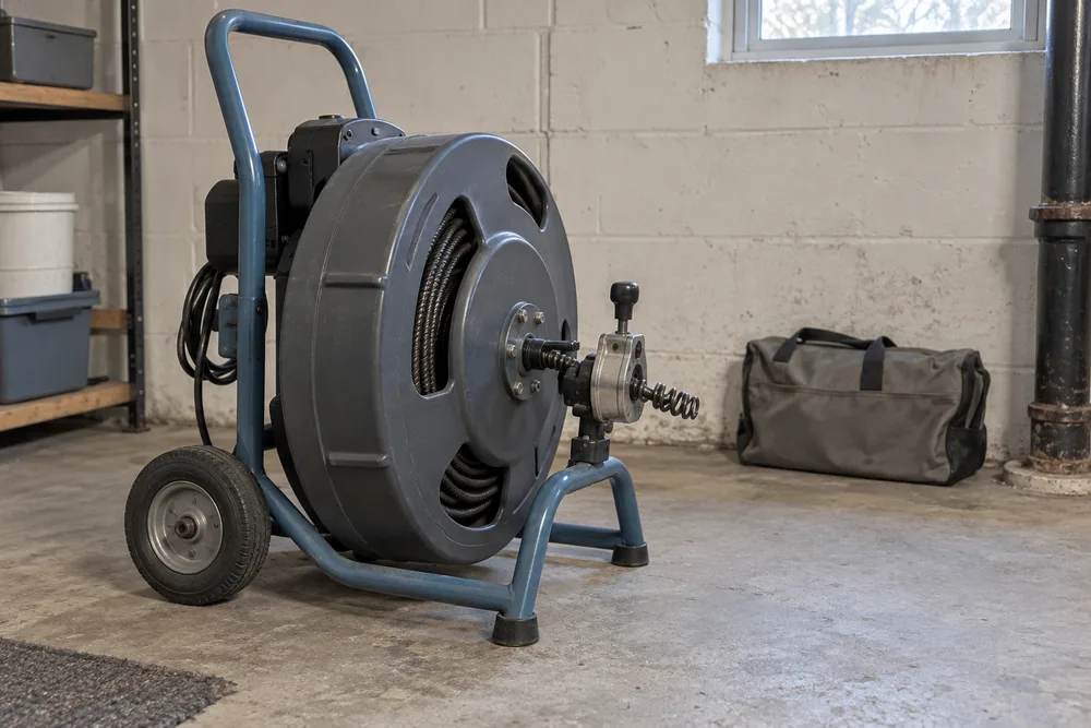 Sewer rodding machine with its cable stored for transport